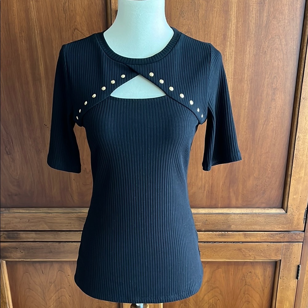 INC International Concepts Black Ribbed Cut-Out Blouse